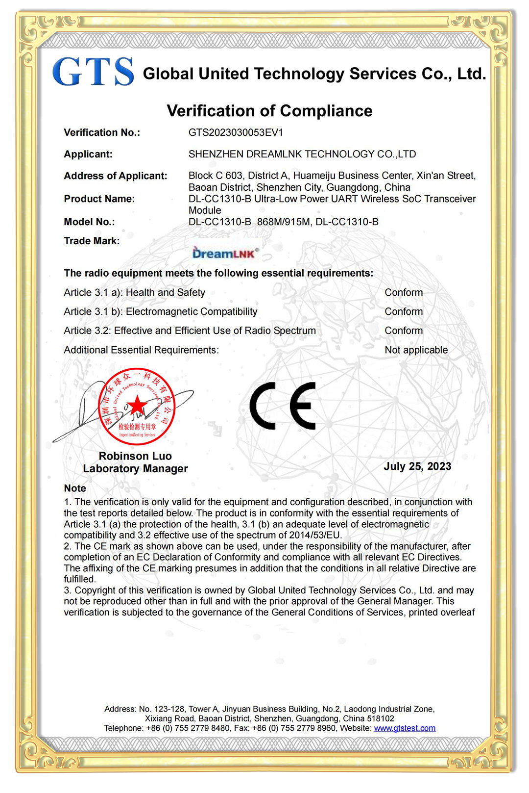 CE-RED Certificate of DL-CC1310-B RF module
